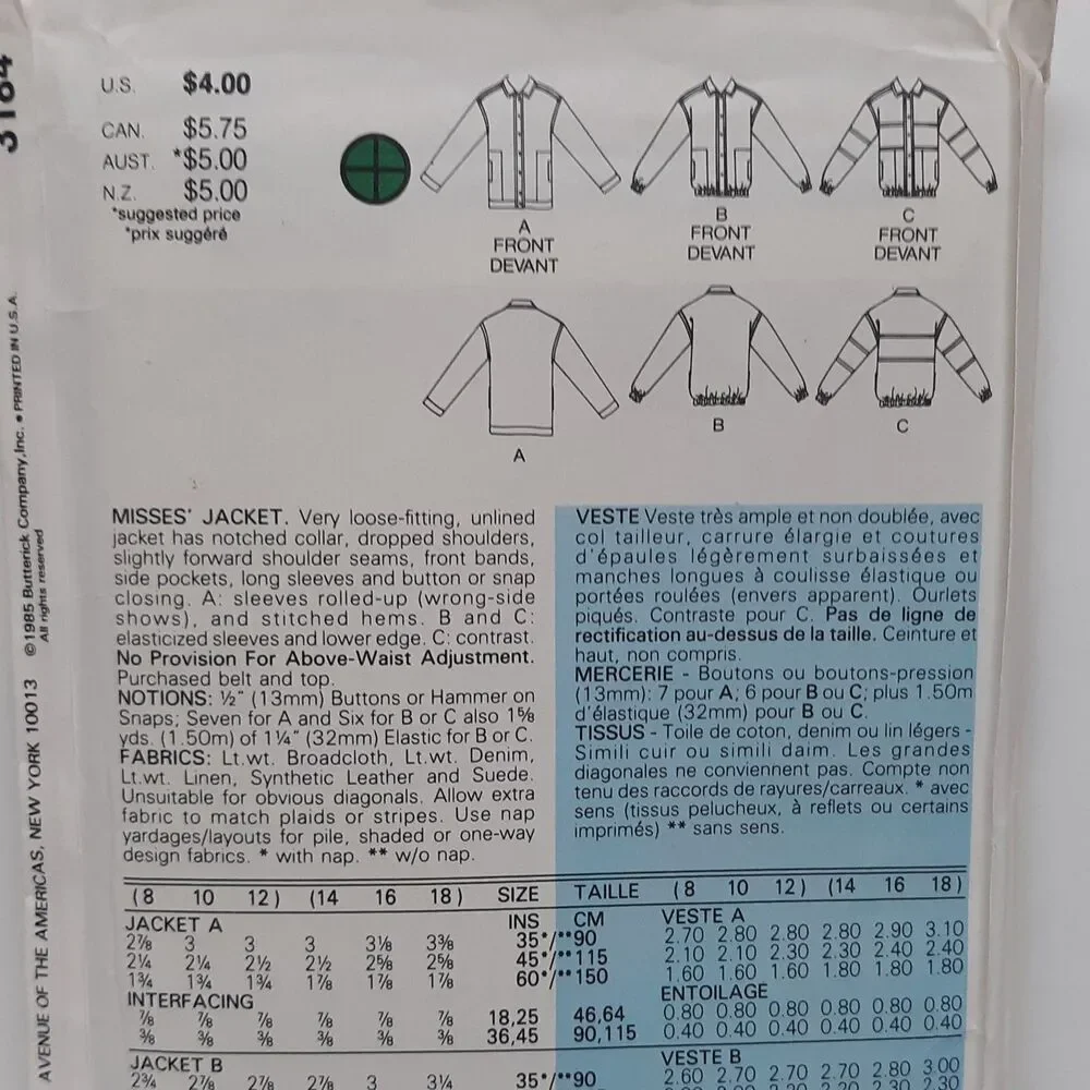 NEW Vintage Butterick Sewing Pattern 3184 8/10/12 Misses/Womens Jacket Loose Fit